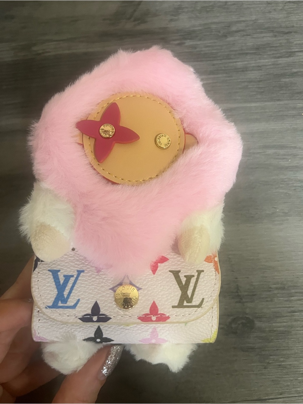 Pink & Multicolor Monogram Plush Airpods Holder Charm Pouch